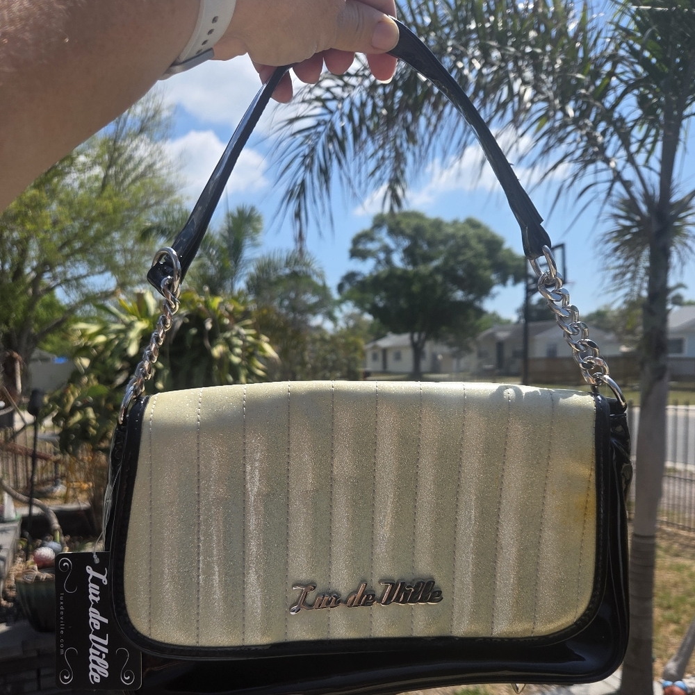 Lux de Ville Women's Purse Black and White Glitter Patent Leather Shoulder Bag